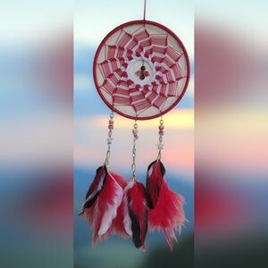 New Handmade Red, Black,  & White Dreamcatcher with Stars & AUTHENTIC Feathers